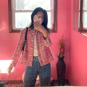 Zara Red and Cream Tweed Blazer size XS